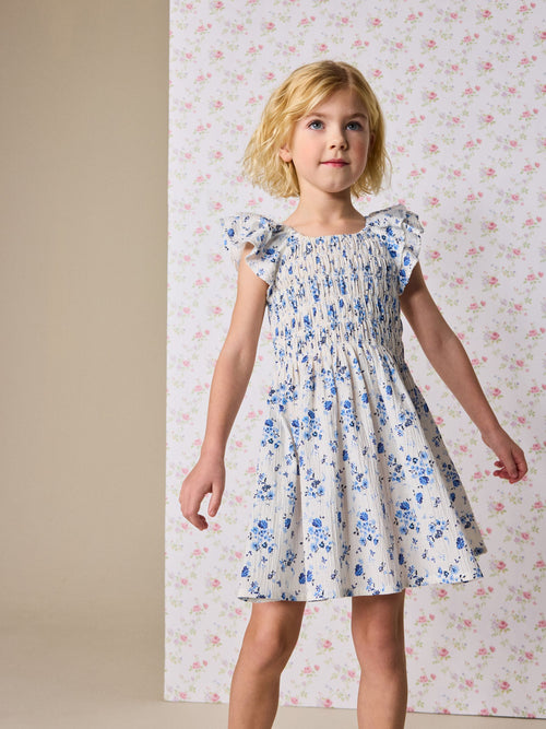 Dsiney Kidz - Blue Floral Smocked Frill Sleeve Dress (3-16yrs) image 1