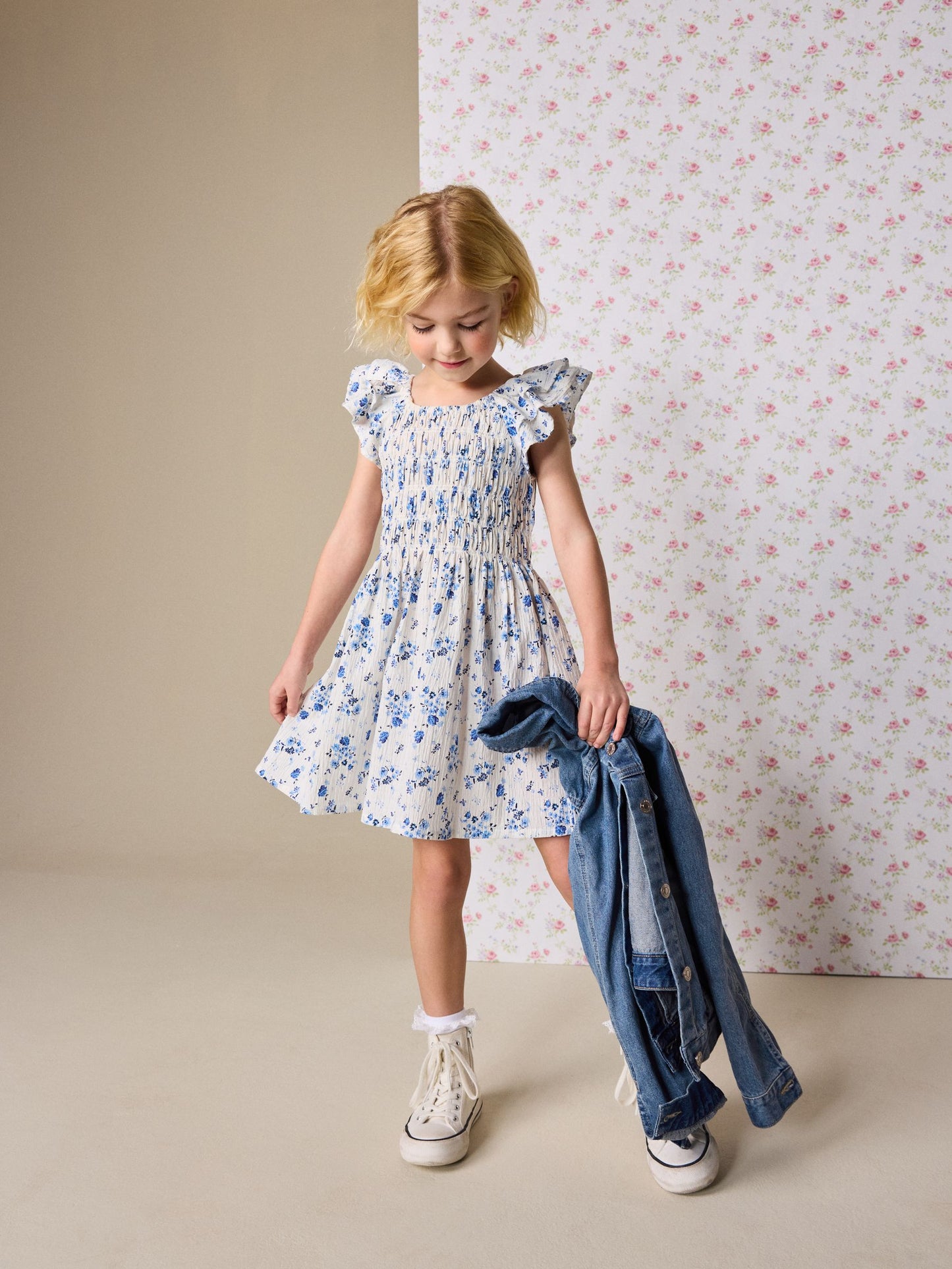 Blue Floral Smocked Frill Sleeve Dress (3-16yrs) image 2