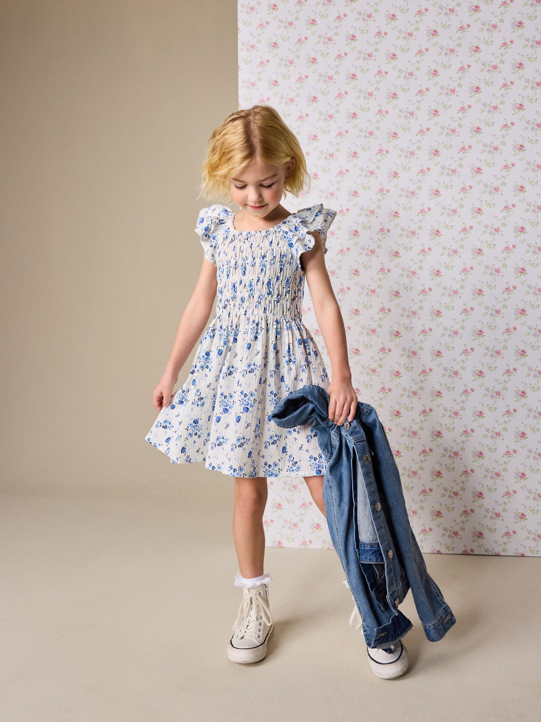 Blue Floral Smocked Frill Sleeve Dress (3-16yrs) image 2