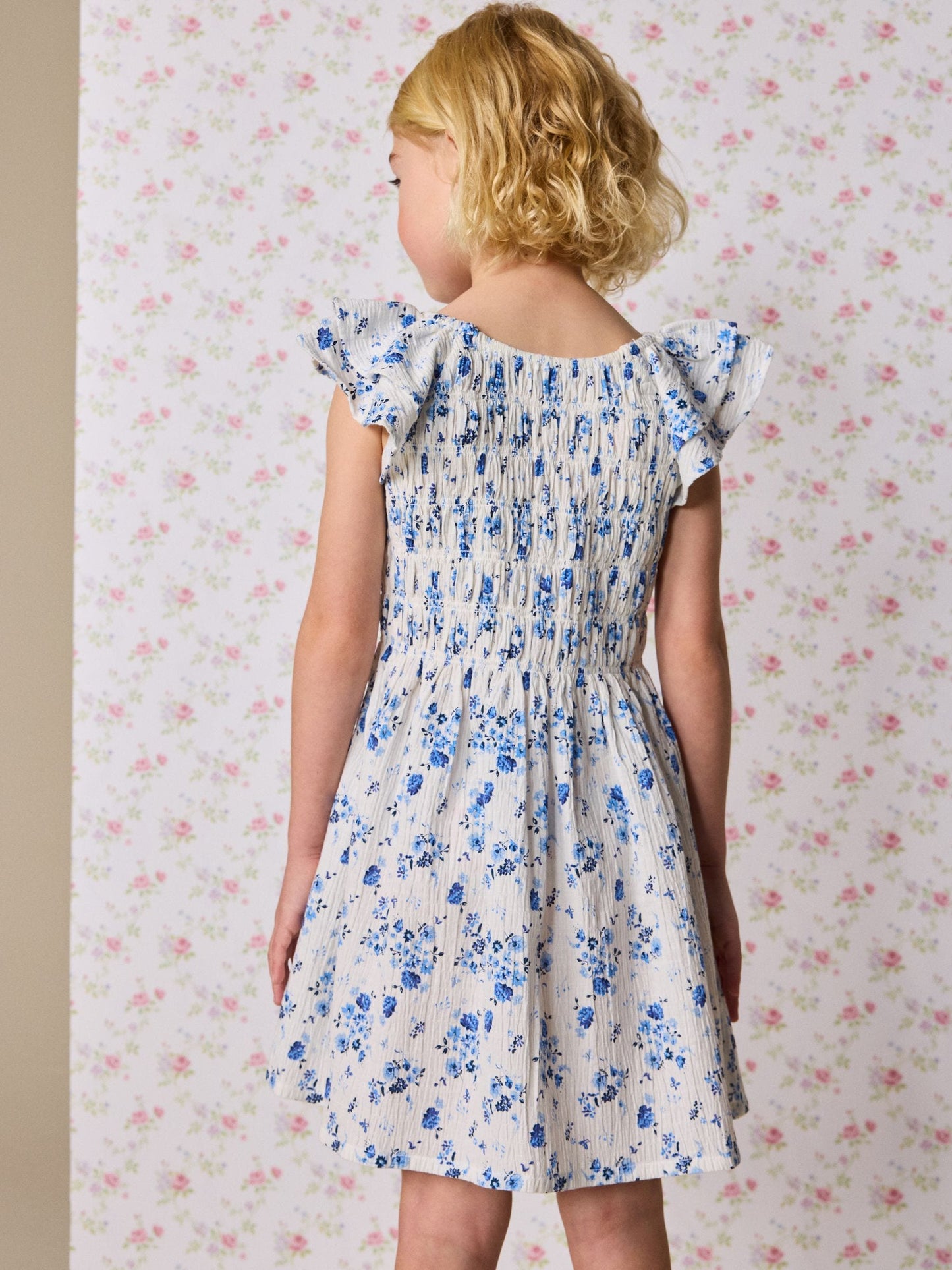Blue Floral Smocked Frill Sleeve Dress (3-16yrs) image 3
