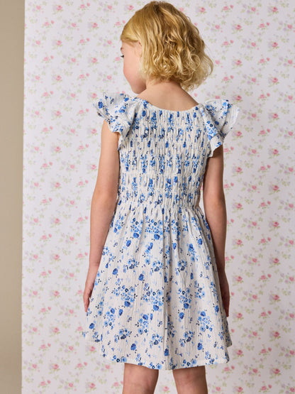 Blue Floral Smocked Frill Sleeve Dress (3-16yrs) image 3