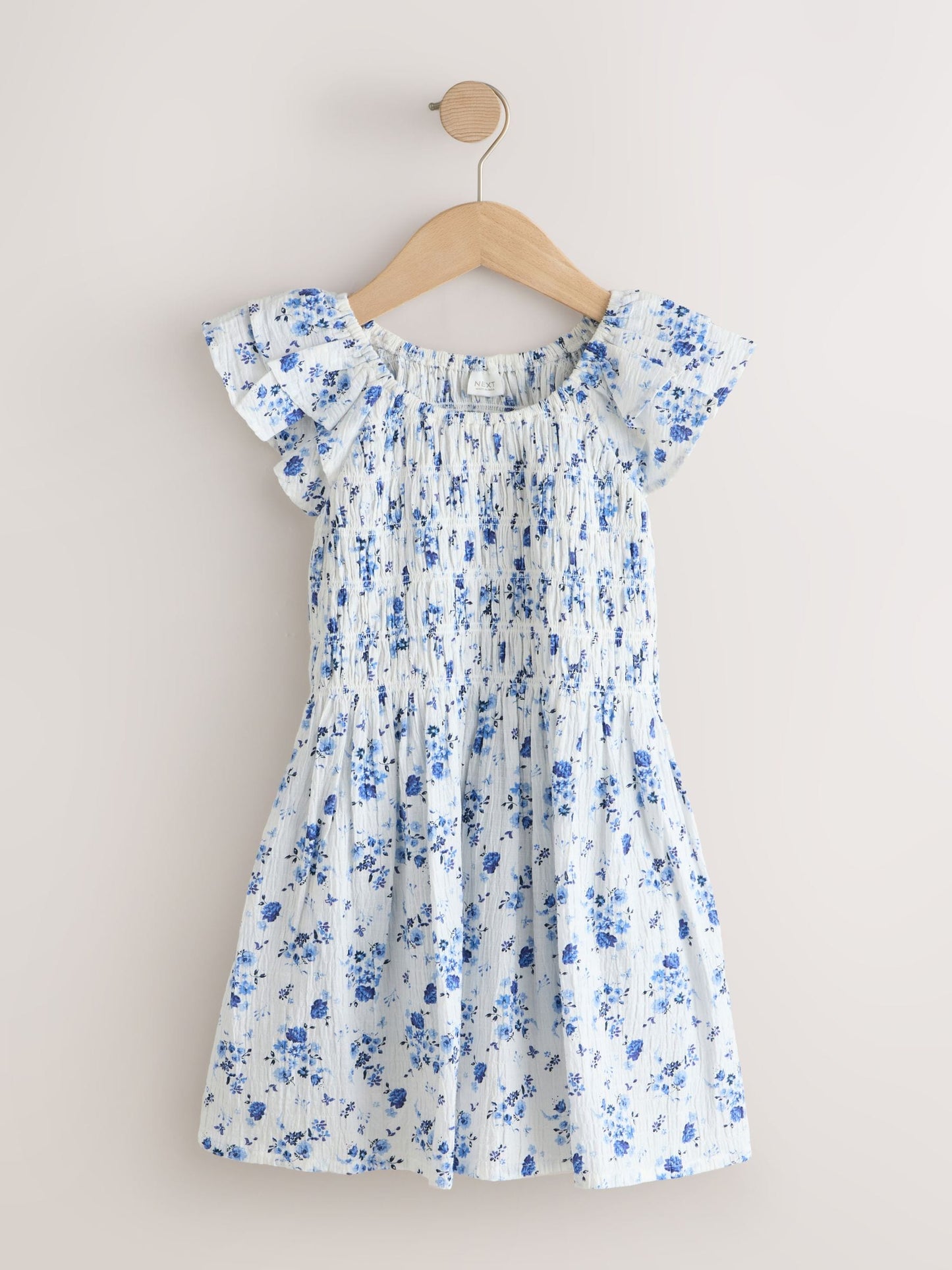 Blue Floral Smocked Frill Sleeve Dress (3-16yrs) image 4