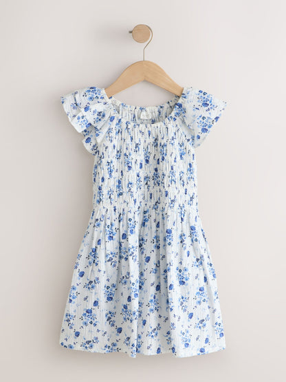 Blue Floral Smocked Frill Sleeve Dress (3-16yrs) image 4