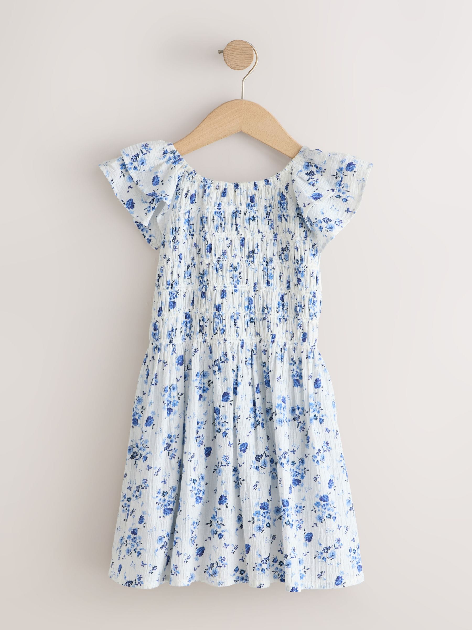 Blue Floral Smocked Frill Sleeve Dress (3-16yrs) image 5