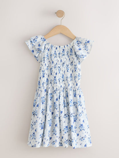 Blue Floral Smocked Frill Sleeve Dress (3-16yrs) image 5