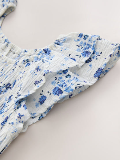 Blue Floral Smocked Frill Sleeve Dress (3-16yrs) image 6