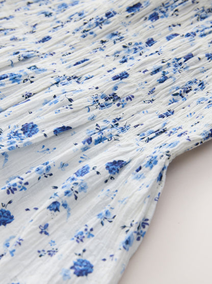 Blue Floral Smocked Frill Sleeve Dress (3-16yrs) image 7