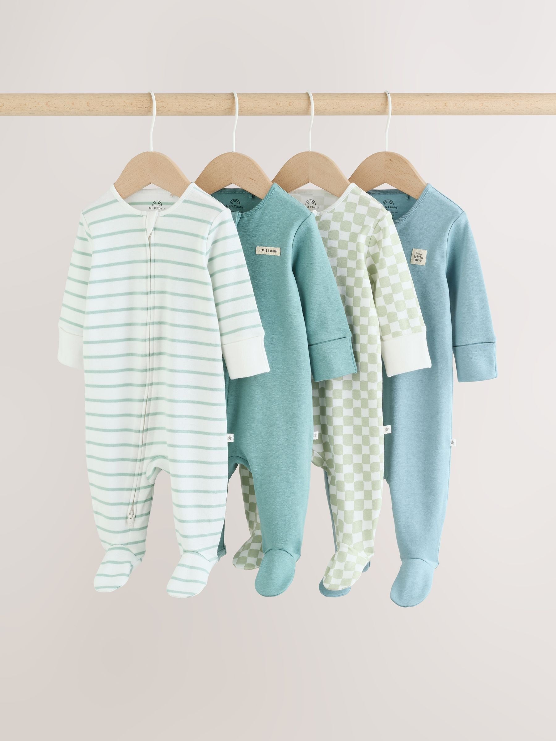 Green Two Way Zip Baby Sleepsuits 4 Pack (0mths-2yrs) image 1