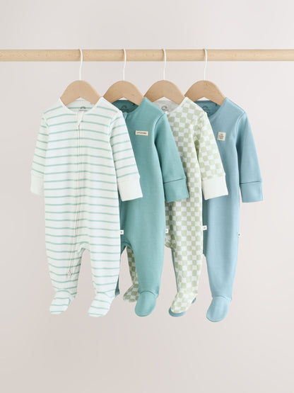Green Two Way Zip Baby Sleepsuits 4 Pack (0mths-2yrs) image 1