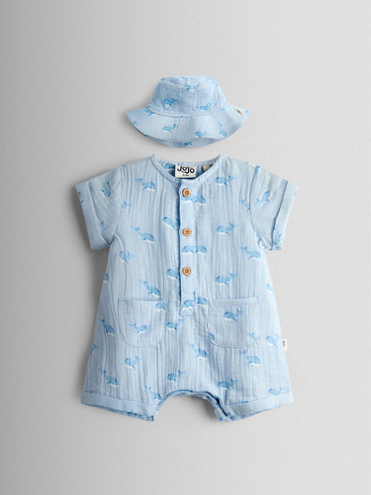 JoJo Maman Bébé Blue Whale Cheesecloth Romper & Hat Set image 2