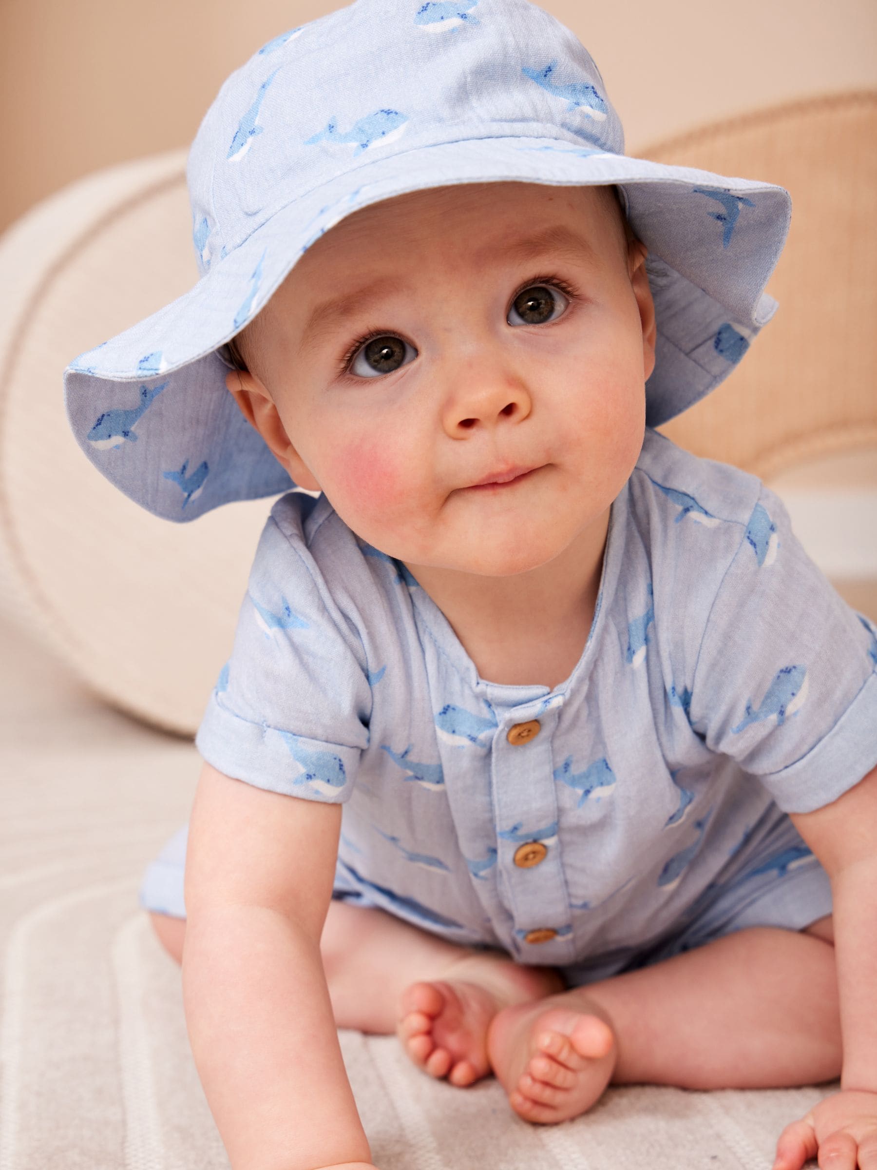 JoJo Maman Bébé Blue Whale Cheesecloth Romper & Hat Set image 1
