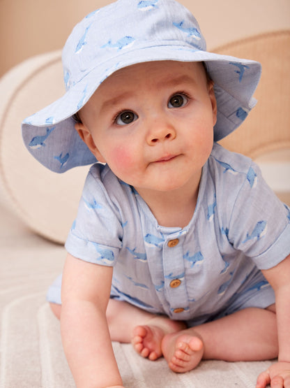 JoJo Maman Bébé Blue Whale Cheesecloth Romper & Hat Set image 1