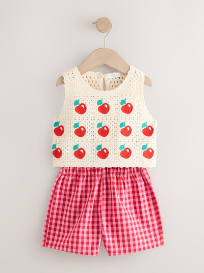 Red Crochet Cherry Top With Gingham Shorts (12mths-7yrs) image 5