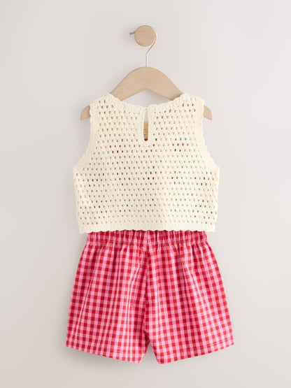 Red Crochet Cherry Top With Gingham Shorts (12mths-7yrs) image 6