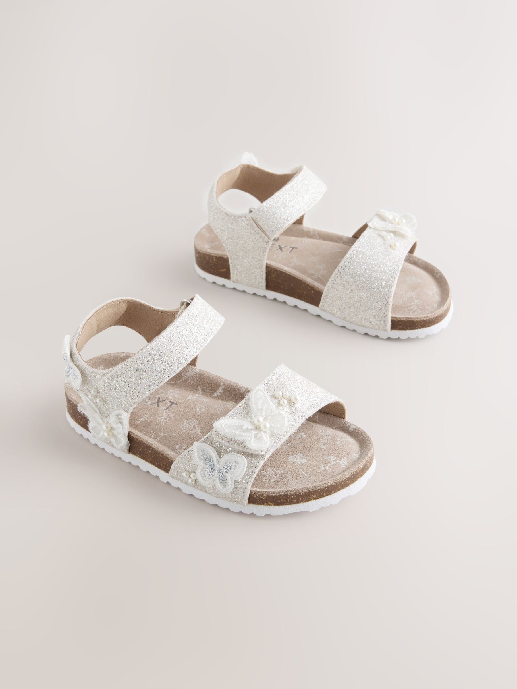 White Glitter Butterfly Wide Fit (G) Touch Fastening Corkbed Sandals image 1
