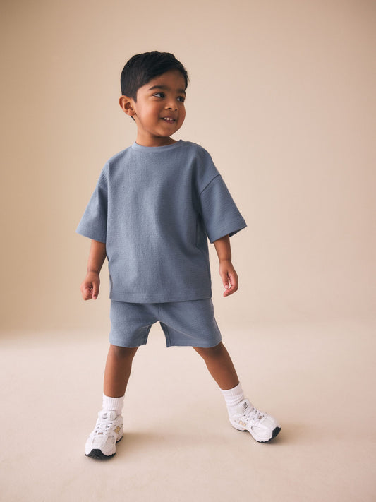 Light Blue Textured Short Sleeve T-Shirt and Shorts Set (3mths-7yrs) image 1
