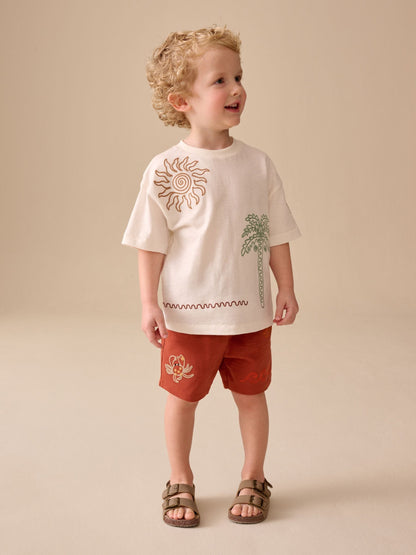 Ecru Palms Embroidery Short Sleeve T-Shirt and Shorts Set (3mths-7yrs) image 1