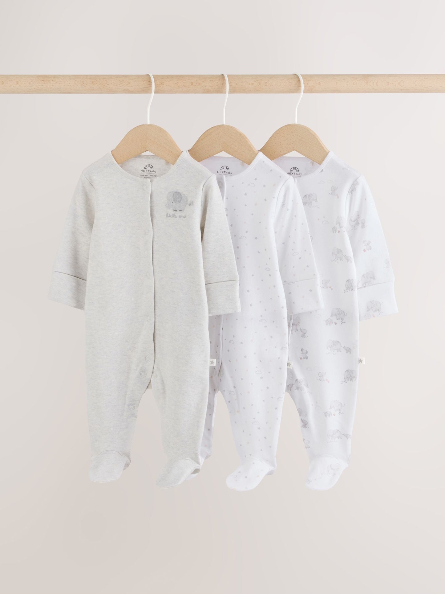 Grey Elephant Baby Sleepsuits 3 Pack (0-2yrs) image 1