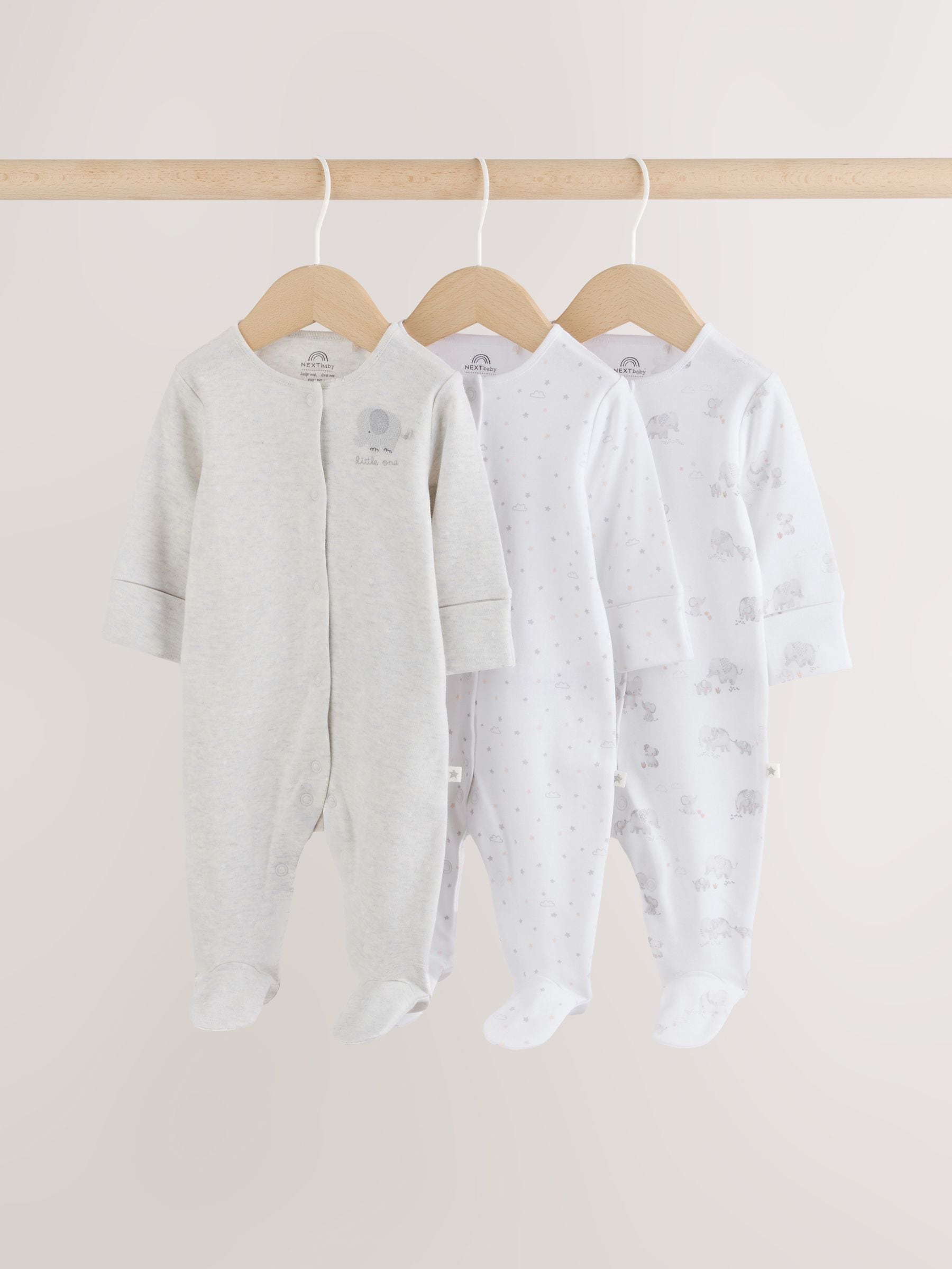 Grey Elephant Baby Sleepsuits 3 Pack (0-2yrs) image 1