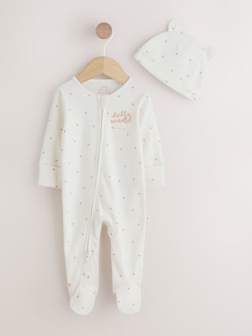 Cream Hello World Baby Sleepsuit and Hat Set (0-9mths) image 1