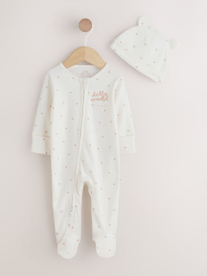 Cream Baby Sleepsuit and Hat Set (0-9mths) image 1