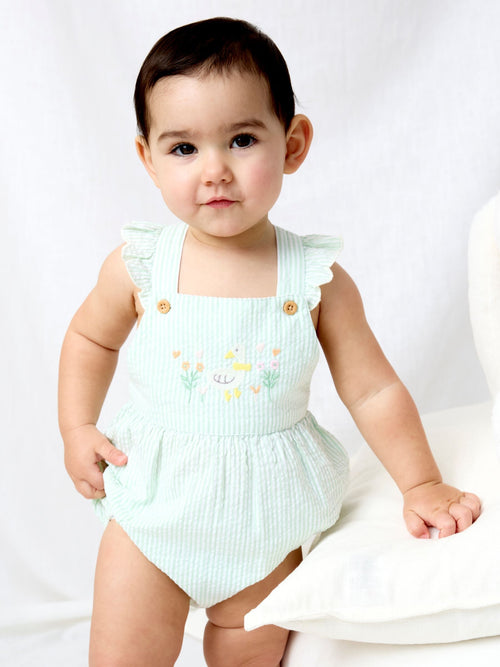 JoJo Maman Bébé Green Duck Stripe Frill Romper image 1