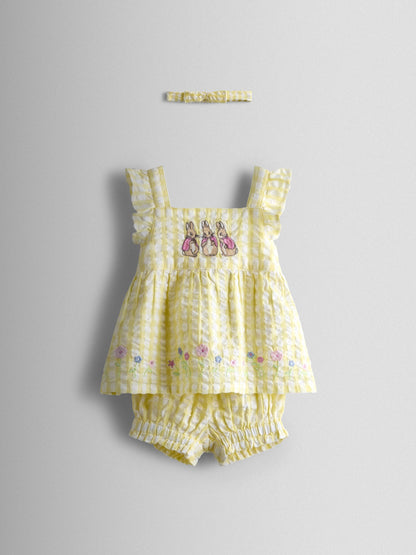 JoJo Maman Bébé Yellow Flopsy Embroidered Top, Short & Headband Set image 1