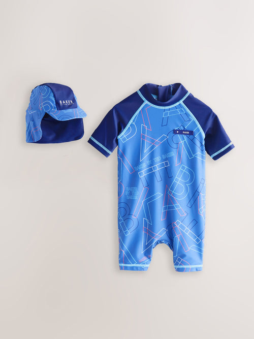 Baker by Ted Baker Blue Sunsafe All-In-One Swimsuit and Hat Set image 1