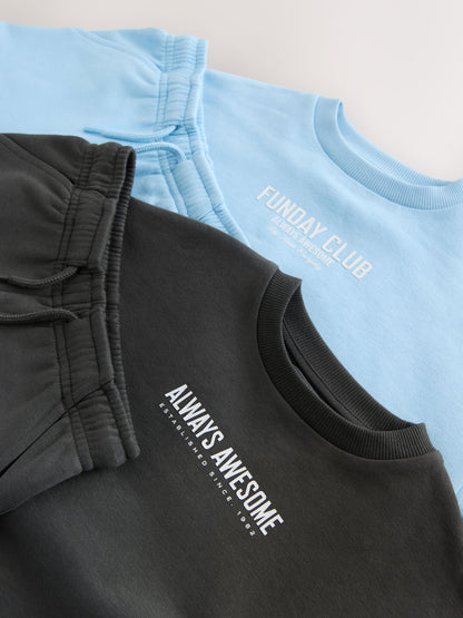 Charcoal Grey and Blue Crew Neck Sweatshirt and Shorts 2 Pack Set (3mths-7yrs) image 10