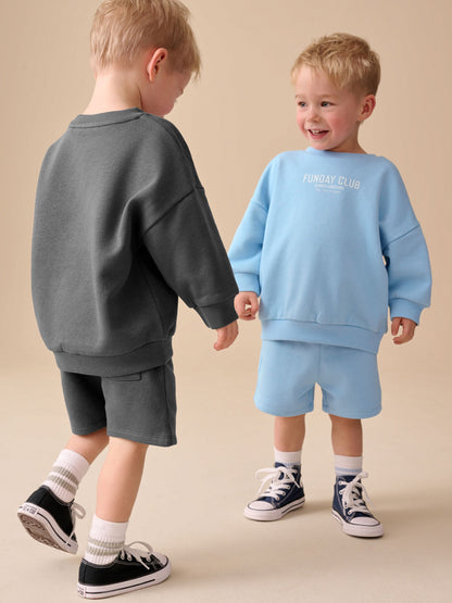 Charcoal Grey and Blue Crew Neck Sweatshirt and Shorts 2 Pack Set (3mths-7yrs) image 3