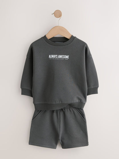 Charcoal Grey and Blue Crew Neck Sweatshirt and Shorts 2 Pack Set (3mths-7yrs) image 7