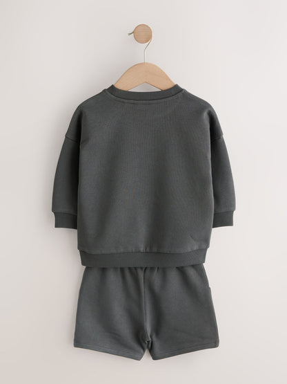 Charcoal Grey and Blue Crew Neck Sweatshirt and Shorts 2 Pack Set (3mths-7yrs) image 8