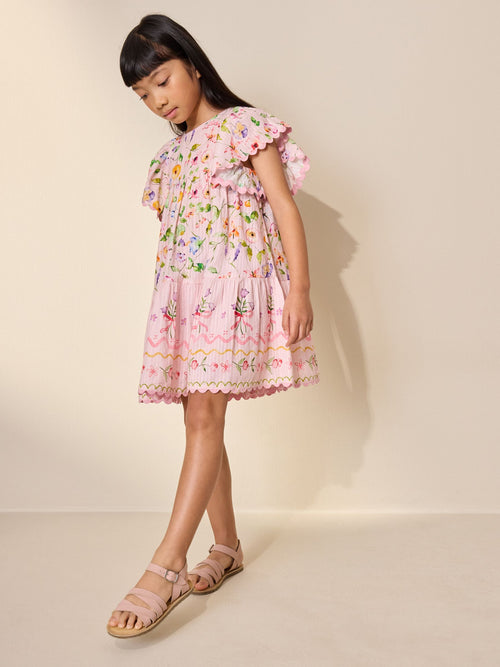 Pink Floral Print Angel Sleeve Dress (3-16yrs) image 1