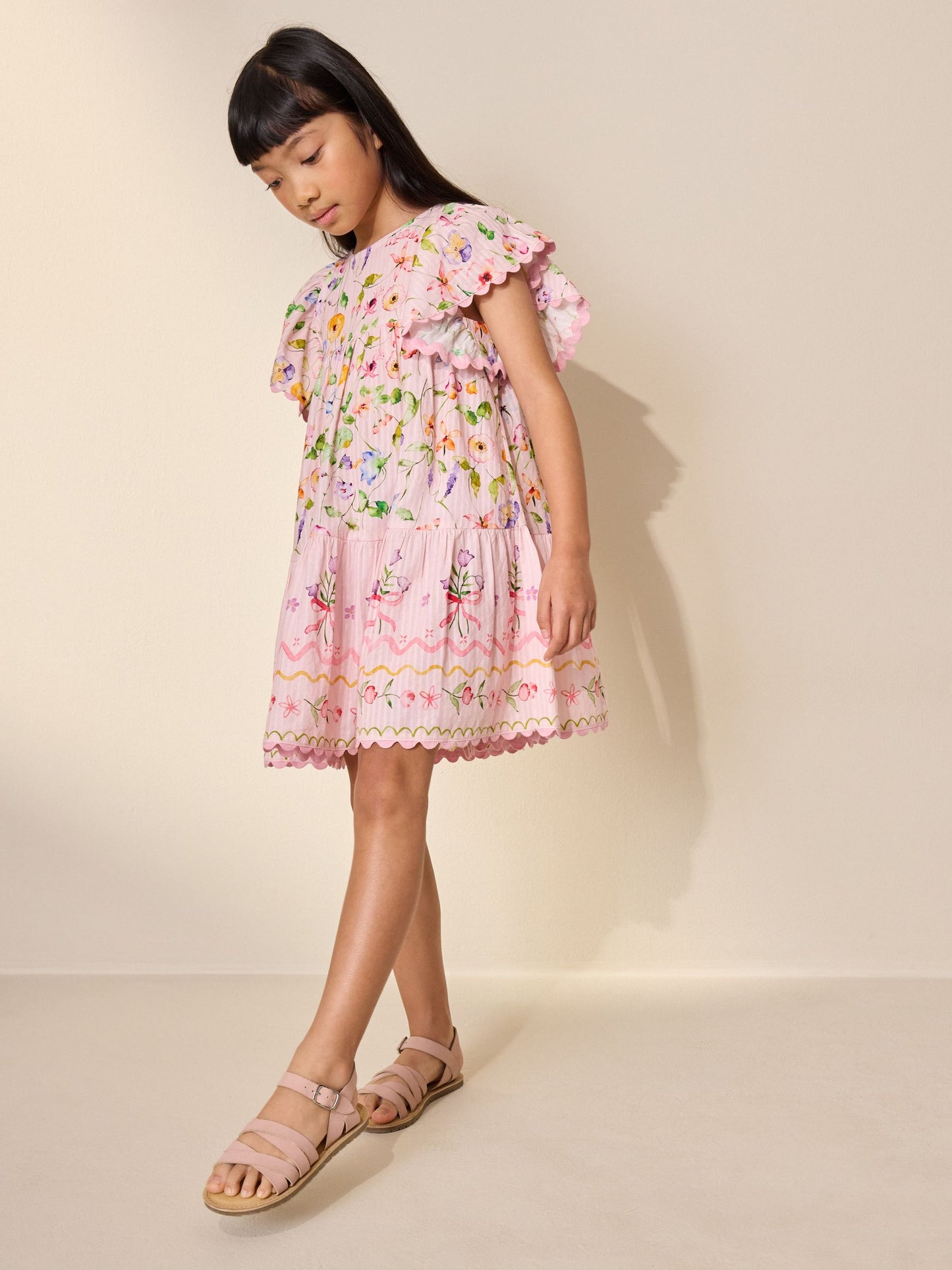 Pink Floral Print Angel Sleeve Dress (3-16yrs) image 1