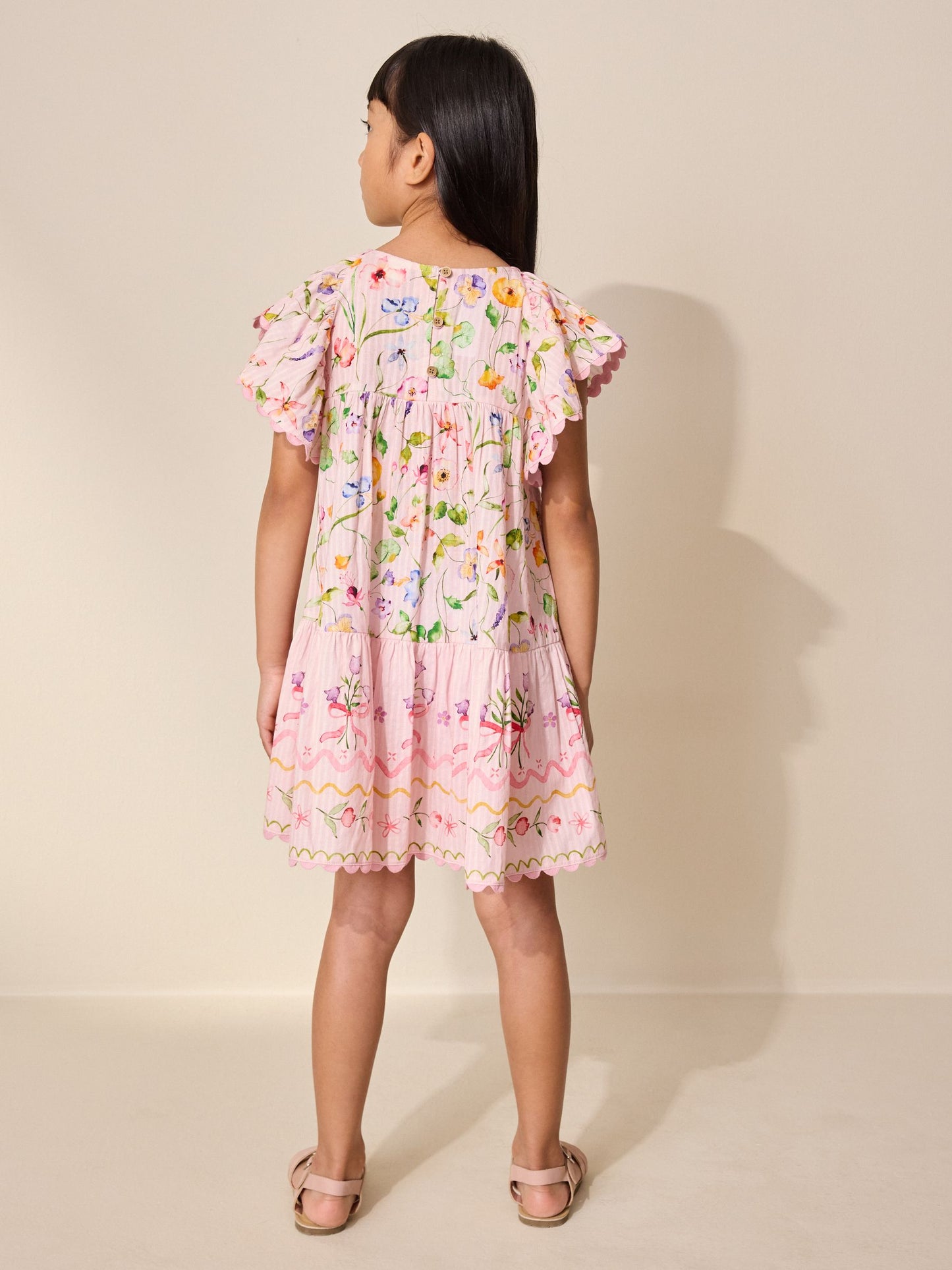 Pink Floral Print Angel Sleeve Dress (3-16yrs) image 2