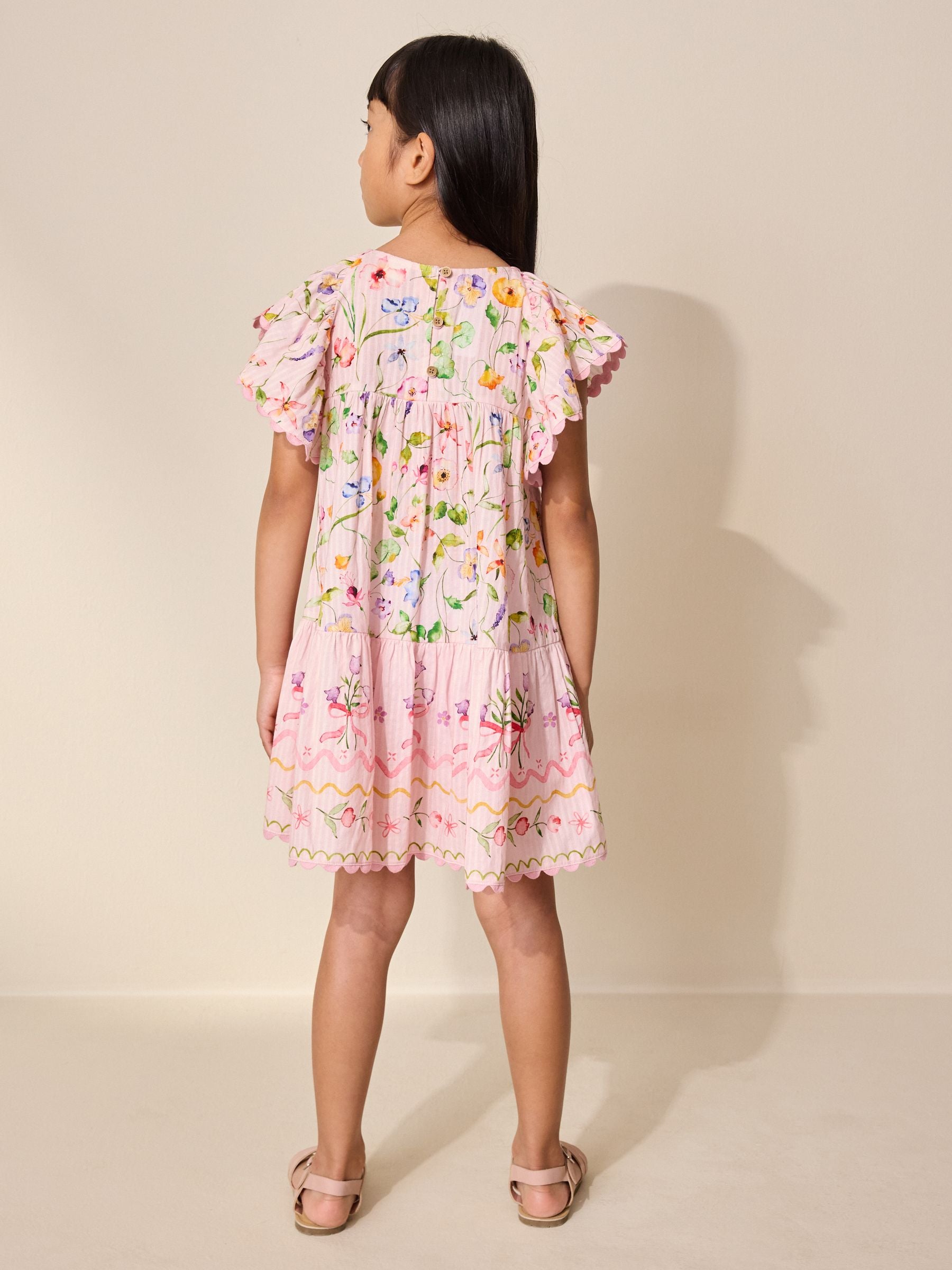 Pink Floral Print Angel Sleeve Dress (3-16yrs) image 2