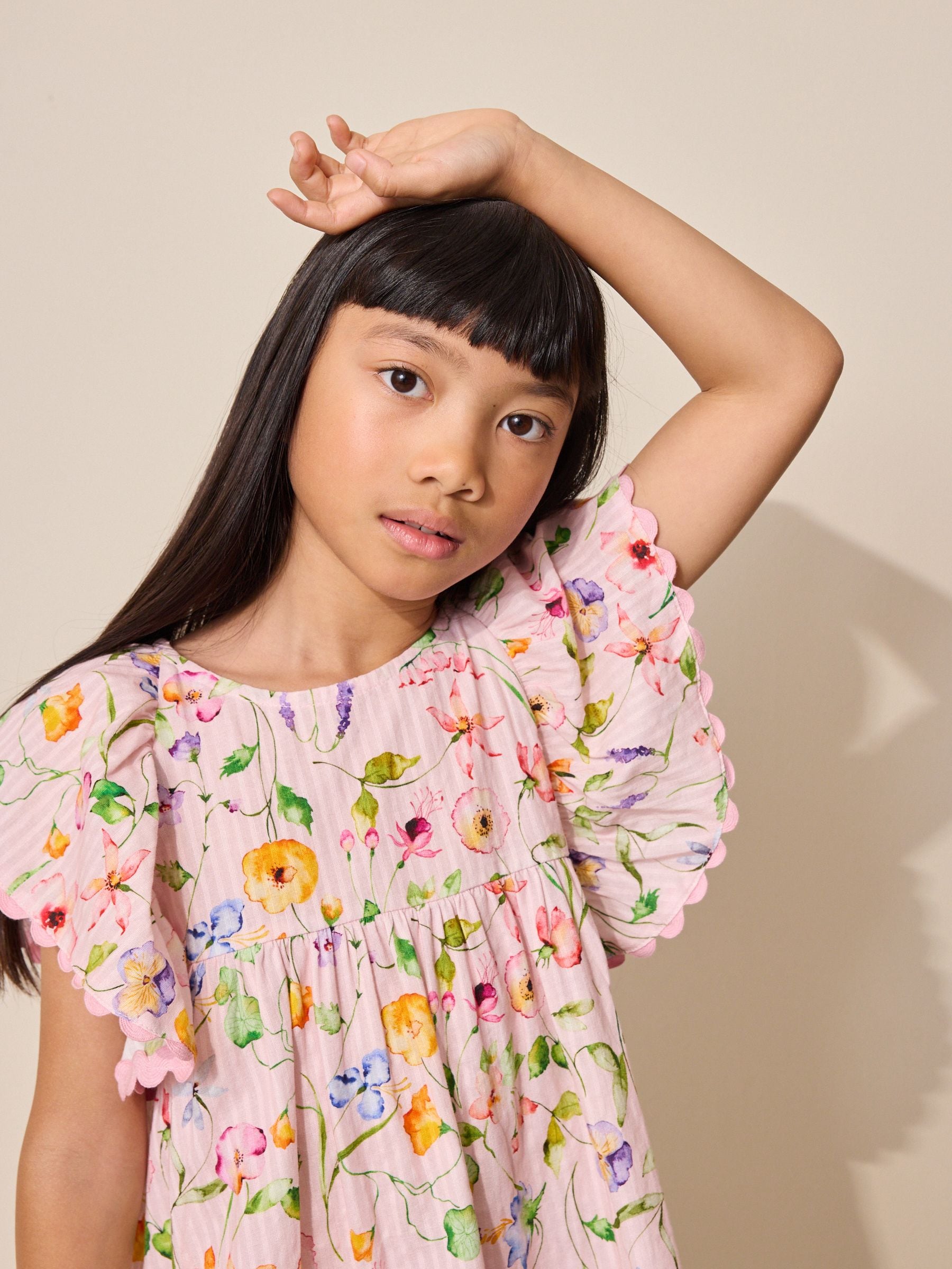 Pink Floral Print Angel Sleeve Dress (3-16yrs) image 3