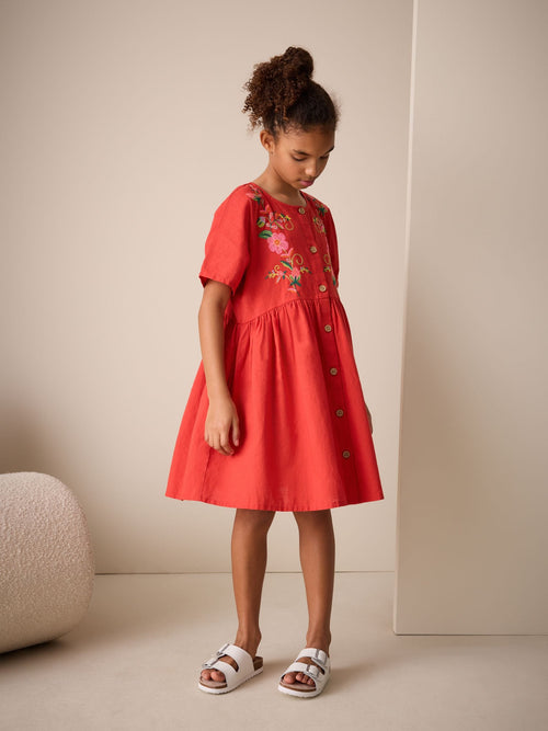 Red Embroidered Short Sleeve Button Through Dress (3-16yrs) image 1