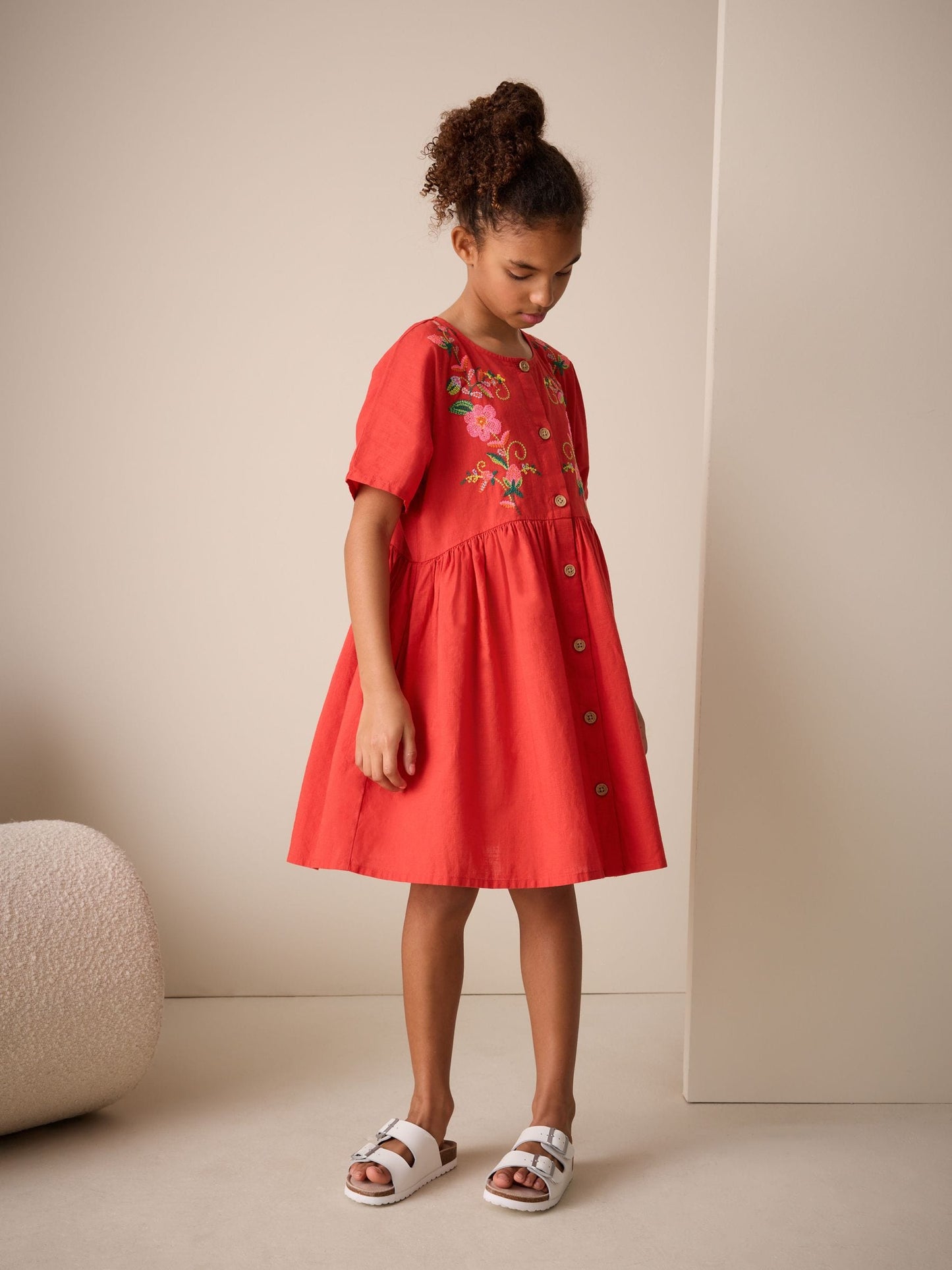 Red Embroidered Short Sleeve Button Through Dress (3-16yrs) image 1