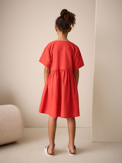 Red Embroidered Short Sleeve Button Through Dress (3-16yrs) image 2