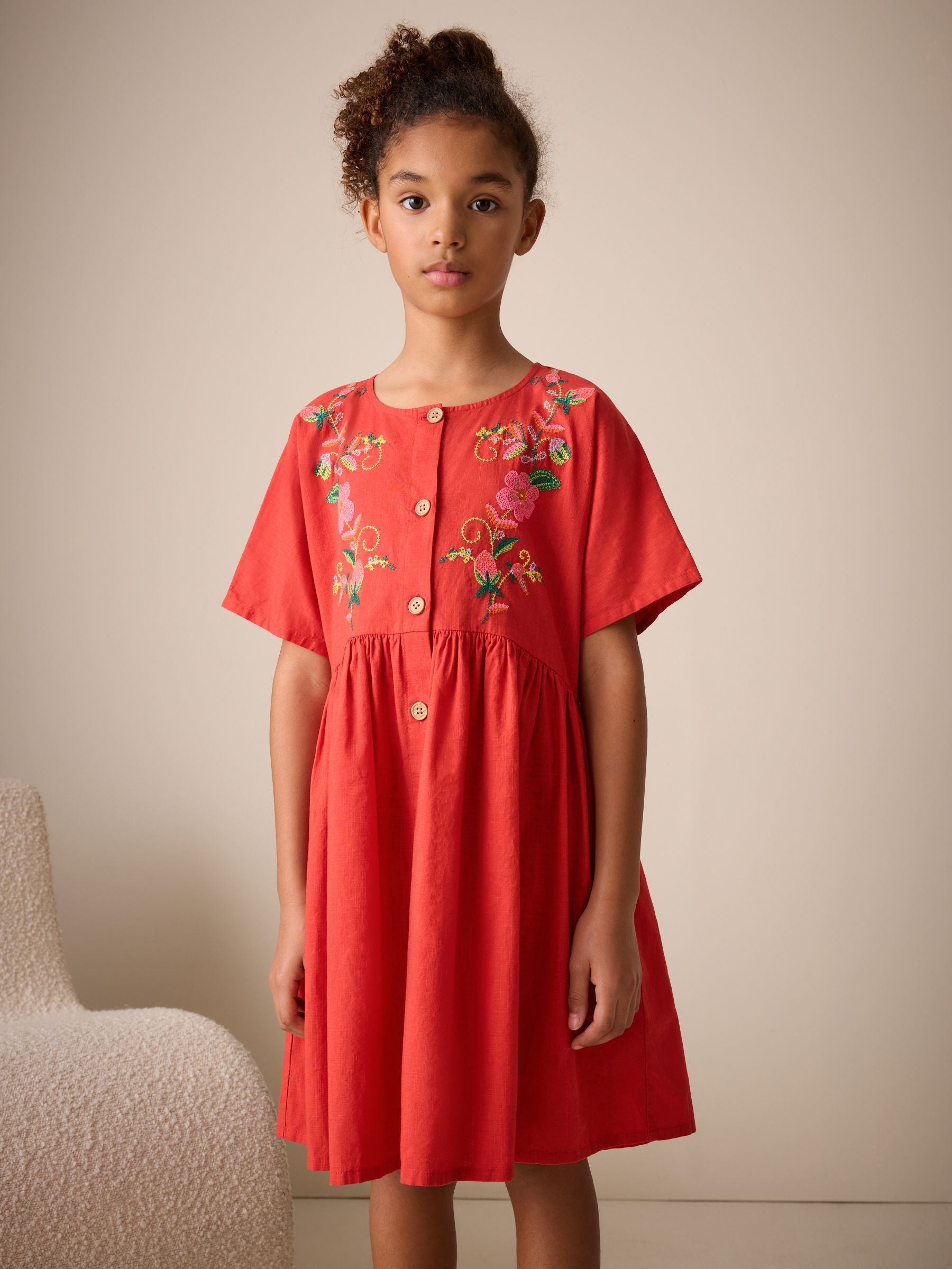 Red Embroidered Short Sleeve Button Through Dress (3-16yrs) image 3