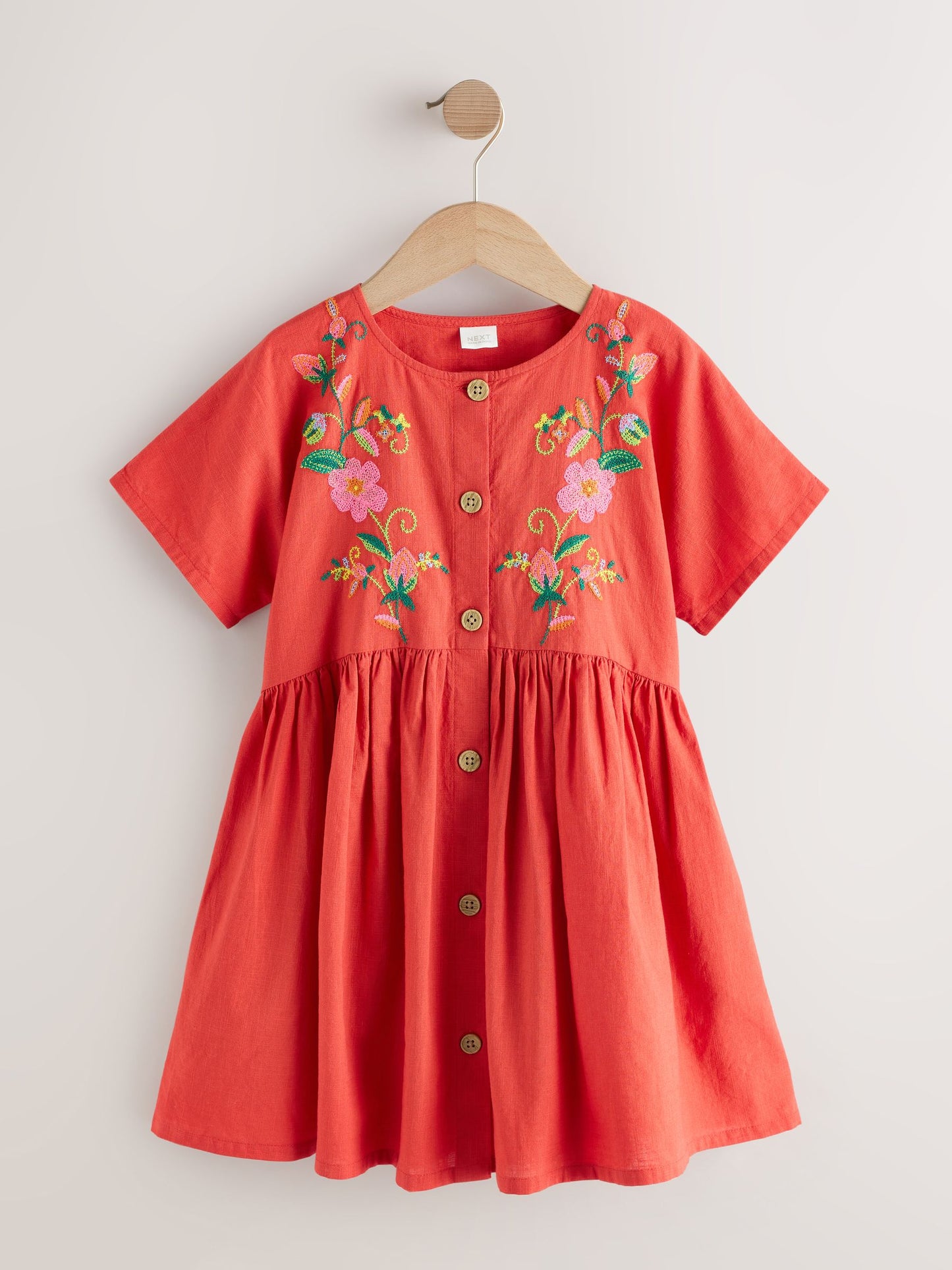 Red Embroidered Short Sleeve Button Through Dress (3-16yrs) image 4