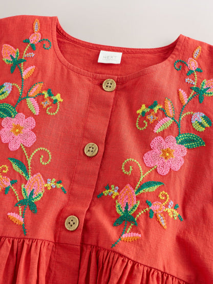 Red Embroidered Short Sleeve Button Through Dress (3-16yrs) image 6