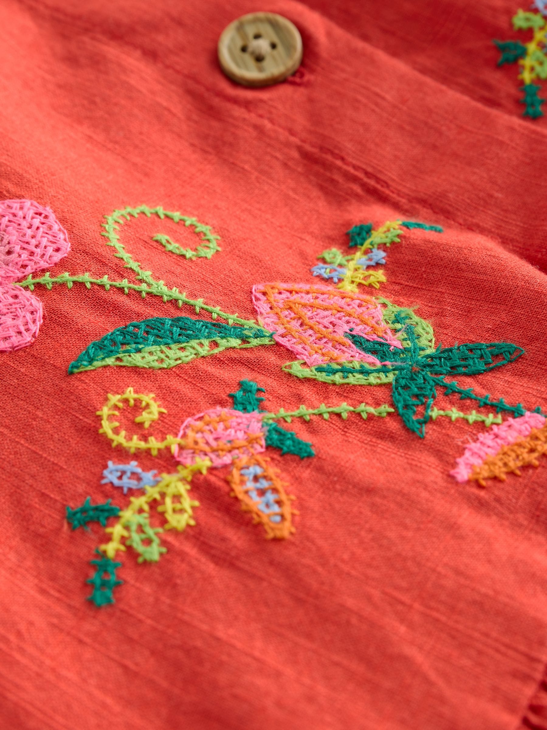 Red Embroidered Short Sleeve Button Through Dress (3-16yrs) image 8