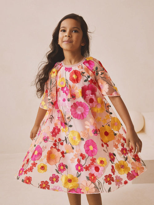 Dsiney Kidz - Pink 3D Embroidered Flower Occasion Dress (3-16yrs) image 1