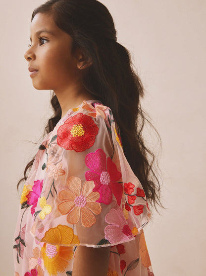 Pink 3D Embroidered Flower Occasion Dress (3-16yrs) image 4