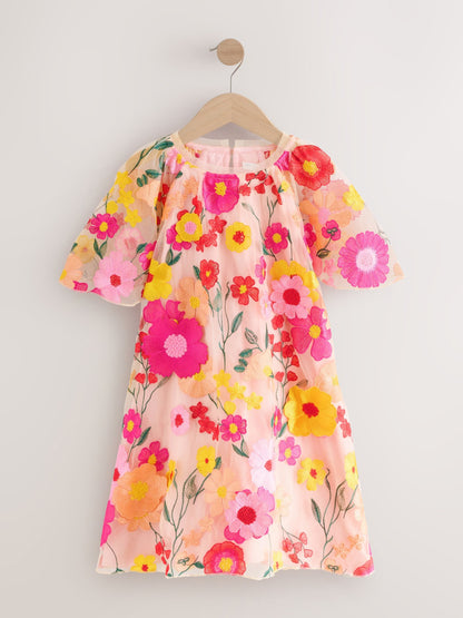 Pink 3D Embroidered Flower Occasion Dress (3-16yrs) image 5