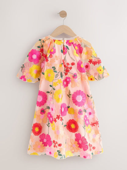 Pink 3D Embroidered Flower Occasion Dress (3-16yrs) image 6