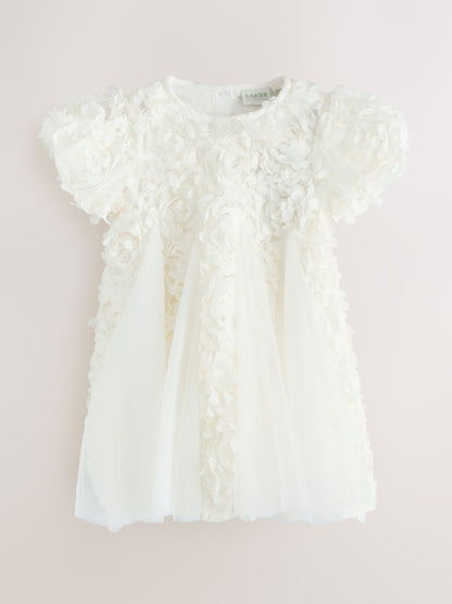 Baker by Ted Baker Cream 3D Textured Floral Mesh Godet Dress image 8