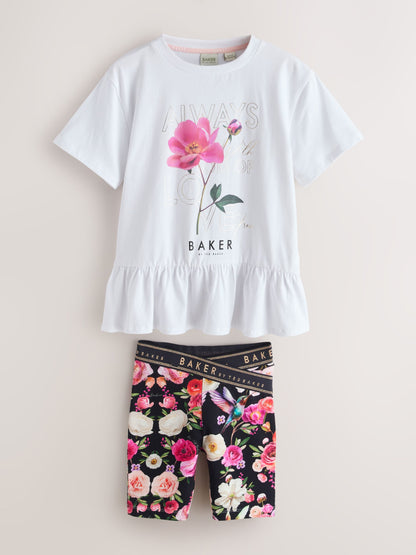 Dsiney Kidz - Baker by Ted Baker 2 Piece Peplum Frill T-Shirt & Floral Cycling Short Set image 7